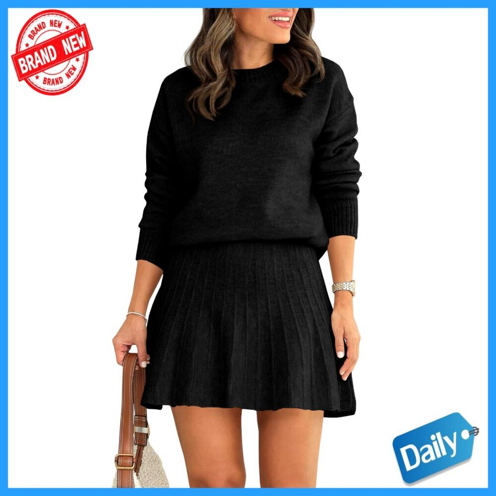 Long Sleeve Crewneck Sweater Pleated Mini Skirt Set Knit Lounge Wear